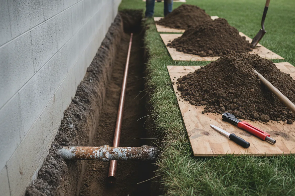 Excavated water line trench during Water Softener Installation in Jacobs Creek